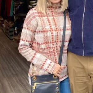 Rachel Zoe houndstooth plaid burnt orange white beige sweater knit size small